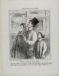 Olhando para o quadro de Manet. "- Porque raio se chama Olímpia a esta mulher gorda e ruiva de camisa de noite - Mas, minha querida, talvez seja esse o nome do gato preto", placa 9 de Croquis Pris Au Salon par Daumier de Honoré Victorin Daumier