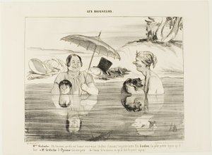 Madame Greluche: "Oh, Gustave, que bom! Um verdadeiro calor calmante! Olhem para o nosso filho Loulou, que cara tão gira que ele faz!" Sr. Greluche: "E o Píramo, tem medo, tem medo como um cão. Se soubesses o que ele está a fazer neste momento, o pequeno p de Honoré Victorin Daumier