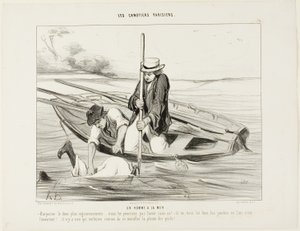 Homem ao mar! "- Arpoem-no com mais firmeza!.... não o conseguimos apanhar de outra forma! E tu, segura-lhe as pernas no ar, isso é muito importante.... Não há nada no mundo que faça apanhar uma constipação mais depressa do que molhar os pés", placa 14 de  de Honoré Victorin Daumier
