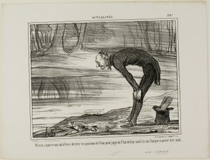O Sr. Coste constata que os peixes que retira da água para analisar o seu estado de saúde acabam por não se sentir nada bem, placa 387 de Actualités de Honoré Victorin Daumier