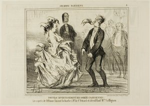 Novo entretenimento nas festas parisienses. O espírito do Sr. Hume a rapar a barba do Sr. de St. Potard e a desfazer o cabelo da Sra. Coffignon, placa 8 de Ces Bons Parisiens de Honoré Victorin Daumier