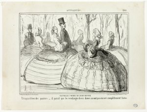 Nova moda do meio mundo. Reaparecimento dos cestos - parece que estas senhoras ainda não terminaram a sua colheita, prato 295 de Actualités de Honoré Victorin Daumier