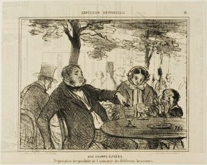 Nos Campos Elísios. Degustação de produtos industriais de diferentes fabricantes de cerveja, placa 18 da Exposição Universal de Honoré Victorin Daumier