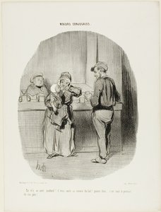 "É um bêbedo vulgar!... engole tudo como se fosse leite! Pobrezinho... é igualzinho ao pai!", placa 42 de Moeurs Conjugales de Honoré Victorin Daumier