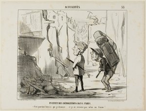 Resultado da demolição de edifícios em Paris. "- Afinal, era aqui que eu vivia.... e já nem sequer consigo encontrar a minha mulher", chapa 55 de Actualités de Honoré Victorin Daumier