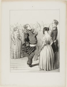 Rifolard abre a bola e executa um passo de dança ousado para a frente, que recebe muitos elogios, prato 5 de Les Banqueteurs de Honoré Victorin Daumier