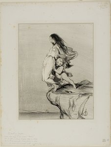 A morte de Safo. "Jovens senhoras, vedes onde o amor nos leva Sob os nossos pés tão delicados e pequenos O miserável abismo de um abismo No qual acabamos por cair", placa 49 de Histoire Ancienne de Honoré Victorin Daumier