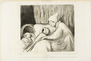 Sentido da audição. "- Acorda a Nini!.... Estou a chamá-la há mais de uma hora e ela responde sempre: sim, Adolphe. Mas nem o nome da criança nem o meu são Adolphe!", chapa 41 de Types Parisiens de Honoré Victorin Daumier