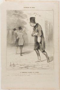 O colecionador de tocos de charuto. "Quando é que estes sacanas acabam de fumar! São oficiais de justiça; fumam até restarem as cinzas. Não há maneira de lhes arrancar um cêntimo", placa 4 de Bohémiens De Paris de Honoré Victorin Daumier