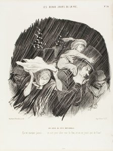 A noite do feriado nacional. Nunca falha... sai-se para ver o fogo de artifício e tudo o que se vê é fogo de artifício!, prato 20 de Os Melhores Dias da Vida de Honoré Victorin Daumier