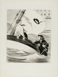 A Rajada de Vento. "- Oh, que raio! Perdi o meu chapéu! - Não te preocupes.... como é à prova de água.... não terás problemas em recuperá-lo em Rouen!", placa 17 de Les Canotiers Parisiens de Honoré Victorin Daumier