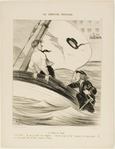 A Rajada de Vento. "- Oh, que raio! Perdi o meu chapéu! - Não te preocupes.... como é à prova de água.... não terás problemas em recuperá-lo em Rouen!", placa 17 de Les Canotiers Parisiens de Honoré Victorin Daumier