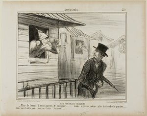 As novas casas de bloco. "- Não há mais renda a pagar, Monsieur Vautour... e já não temos medo do porteiro..... nos nossos chalés somos todos suíços", placa 332 de Actualités de Honoré Victorin Daumier