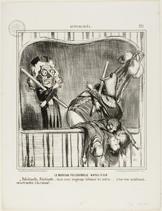 O novo bufão napolitano. "- Polichinelo, Polichinelo, já bateste nos outros durante muito tempo... agora é a tua vez. Vamos chamar-te à razão...", placa 221 de Actualités de Honoré Victorin Daumier