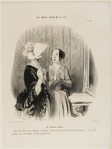 O chapéu Pamela. "Tem toda a razão, Madame, em adotar esta forma arrebatadora de um novo chapéu...... especialmente do lado que combina lindamente com a sua fisionomia.....!", placa 76 de Les Beaux Jours De La Vie de Honoré Victorin Daumier