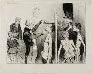 O Quadro de Recrutamento. "Não é uma visão gloriosa: estes nobres jovens franceses cheios de ardor, força e elegância prontos a defender a sua honra sob as bandeiras de Marte", chapa 35 de Caricatures Du Jour de Honoré Victorin Daumier