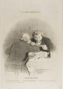 O regresso da época das ostras. "- Era capaz de comer doze dúzias delas... Imaginem que há pessoas que não gostam de ostras... - Não têm respeito por elas próprias...", prato 53 de Les Beaux Jours De La Vie de Honoré Victorin Daumier
