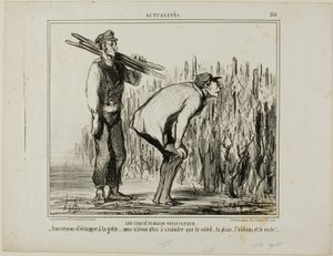 As preocupações de um viticultor. "- Escapámos à geada..... agora só temos de nos preocupar com o sol, a chuva, o míldio e tudo o resto...", placa 397 de Actualités de Honoré Victorin Daumier