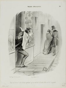 "Lá vai a minha mulher!!! Oh, a desgraçada, enquanto faço a barba ela está a fazer de mim um corno!", chapa 22 de Moeurs Conjugales de Honoré Victorin Daumier