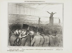 Vista da sala principal. Mapa, altura e vista de frente para o maestro. Grande aliança entre o telégrafo e a música, placa 1 de Souvenir du Grand Festival Des Orphéonistes de Honoré Victorin Daumier