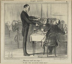 "Monsieur quer crepes... - Deve ter sido cangalheiro", prato cinco de Croquis Parisiens (Esboços Parisienses) de Honoré Victorin Daumier