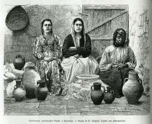 Cristãos, traficantes de petróleo em Jerusalém. Gravura de H. Chapuis, para ilustrar La Syria d