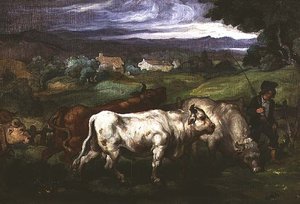 Gado e um Condutor numa Paisagem de Honore (circle of) Daumier