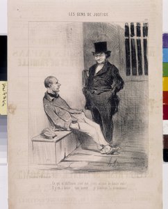 Obra de Honore Daumier (1808-1879). Charivari data de 1845: Serie LES PEANS DE JUSTIÇA. "O que me incomoda é que sou acusado de 12 roubos! - São doze... muito melhor... Vou pleitear a monomania" extrato do jornal Le" Charivari de Honoré Daumier