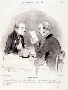 Desenho animado sobre a querida vida. Série "Os Bons Dias da Vida": Um jantar magro..." Gravação por Honore DAUMIER (1808-1879). Extracto do jornal "Le Charivari" de 18 de Outubro de Honoré Daumier