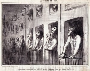 Desenho animado sobre ciência. Serie Sur "la Comete de 1857": "Aspecto que já começa a ter todas as noites as ruas de Paris". Gravura de Honore DAUMIER (1808-1879). Extracto do jornal "Le Charivari". Dim 38x25cm. Inv D - caixa 7 Marselha, de Honoré Daumier