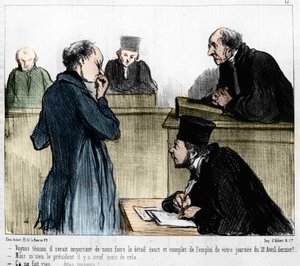 Desenho animado por Daumier: Série "Les Gens de justice" publicada em "Charivari" de 04/03/1846. Audiência de uma testemunha. de Honoré Daumier