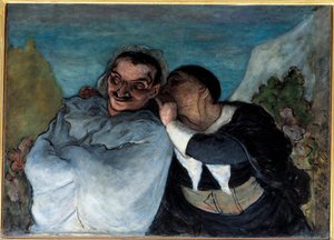 Crispin e Scapin também diz Scapin e Silvestre. Os dois personagens da peça "Les fourberies de Scapin", de Moliere, confidenciam ao ouvido. Pintura de Honore Daumier (1808-1879). 1864 Sol. 0,60 x 0,82 m Paris Musee d