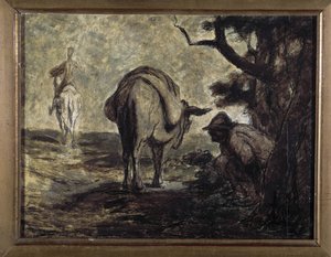 Dom Quixote e Sancho Panza. Ilustração do romance de Miguel Cervantes Don Quixote de la Mancha (El ingenioso Hidalgo Don Quijote de la Mancha). Pintura de Honore Daumier (1808-1879). Óleo sobre tela. Sol. 24x31 Musee des Beaux Arts, Palais Longchamp. de Honoré Daumier