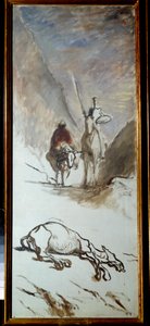 Dom Quixote e a mula morta Ilustração do romance de Miguel Cervantes "Dom Quixote de la Mancha" (El ingenioso Hidalgo Dom Quijote de la Mancha). Pintura de Honore Daumier (1808-1879). Sol do século XIX. 1,32x0,54 m . de Honoré Daumier