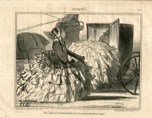 Le Charivari, Satirical in B & W, ca. 1855_5_11: Notícias n* 190. Senhoras de um meio mundo, mas não saias. - Moda, Transporte, Crinolines - Ilustração Mulher por Honore Daumier (1808-1879) de Honoré Daumier