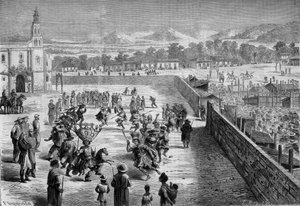 Costume mexicano: Festa e dança indiana em Santa Anna (México), em memória da conquista de Fernando Cortez. Os mexicanos ficaram enojados como conquistadores espanhóis e soldados do exército asteca de Montezuma. 1863. Gravura em "Le Monde Illustré" n°315 d de Honoré Daumier