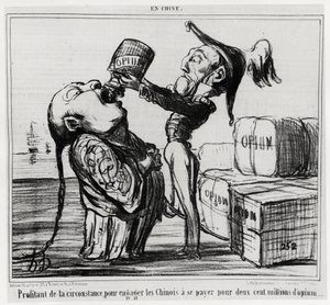 Segunda Guerra do Ópio (1856-1860): Em 1858, o governo chinês concordou em legalizar o comércio de ópio. "Aproveitando a circunstância para envolver os chineses no pagamento de duzentos milhões de ópio", na série En Chine, ilustração de Honore Daumier (1 de Honoré Daumier