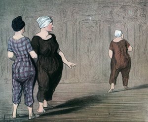 Série “” Les batheuses”” duas mulheres em maiô examinam o corte de outra, caricatura de Honore Daumier (1808-1879) 1844 (Os banhistas: duas senhoras de maiô, olham para cima e para baixo na cintura de outra) Privado coleção de Honoré Daumier
