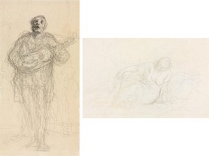 Guitarrista Cantor (reto); Mulher reclinada apoiada em seu braço (verso) de Honoré Daumier