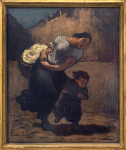 A tempestade (a lavanda). Uma mulher segurando uma cesta curta com uma criança, provavelmente para se proteger da chuva. Obras de arte de Honore Daumier (1808-1879), óleo sobre papelão de Honoré Daumier