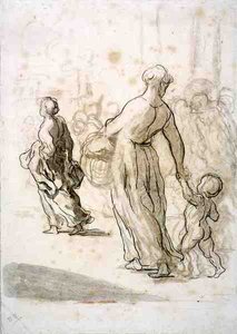 Duas Mulheres e uma Criança, c.1848-50 (giz, carvão e guache em papel antigo) de Honoré Daumier
