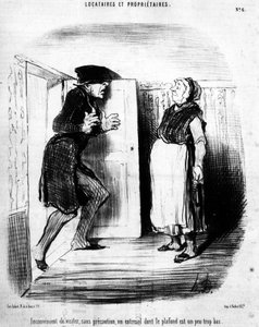 Inconveniente para visitar, sem cautela, um entresol cujo teto é um pouco baixo demais, retirado de "Tenants et Owners", série de desenhos animados de Honore Daumier (1808-1879). "Charivari". de Honoré Daumier
