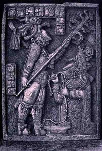 Lintel de pedra esculpida de Temple 23, Yaxchilan, 726 AD, mostrando o governante Shield Jaguar e sua esposa, Lady Xoc, conduzindo um ritual de derramamento de sangue, de The Ancient Cities of the New World, de Claude-Jos de Honore after Chapuis