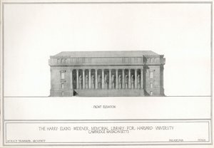 Elevação frontal, a Harry Elkins Widener Memorial Library para a Universidade de Harvard, Cambridge, Massachusetts (litho) de Horace Trumbauer