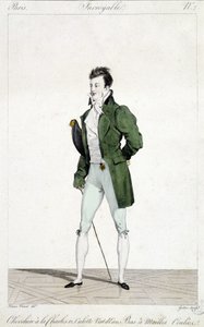 Paris espantosa. O homem tem o cabelo de Carlos XII, usando calcinha verde água e meias de malha escorrida. Ilustração da moda masculina feita por volta de 1810 por Horace Vernet (1789 - 1863). de Emile Jean Horace Vernet
