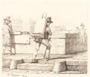 Artista carregando cavalete com uma pedra litográfica de Emile Jean Horace Vernet