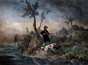 Caça ao pato no pântano, gravura baseada na pintura de Horace Vernet (1789-1863) de Emile Jean Horace Vernet