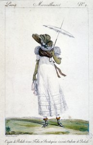 Gravura de moda de Horace Vernet (1789 - 1863), feita por volta de 1810 para "A Wonderful", retratando uma mulher usando um dossel de crue, um bordado sangrento e tartan e um guarda-chuva. de Emile Jean Horace Vernet