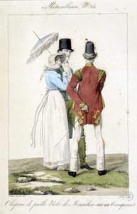 Gravura de moda de Horace vernet (1789 - 1863) feita por volta de 1810 para o número 25 de um "Maravilhoso", representando a moda feminina (chapéu de palha e vestido de chiffon) e masculina. de Emile Jean Horace Vernet