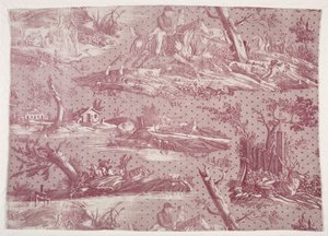 Fragmento de algodão estampado a talhe-doce com motivos de cenas de caça de Horace Vernet